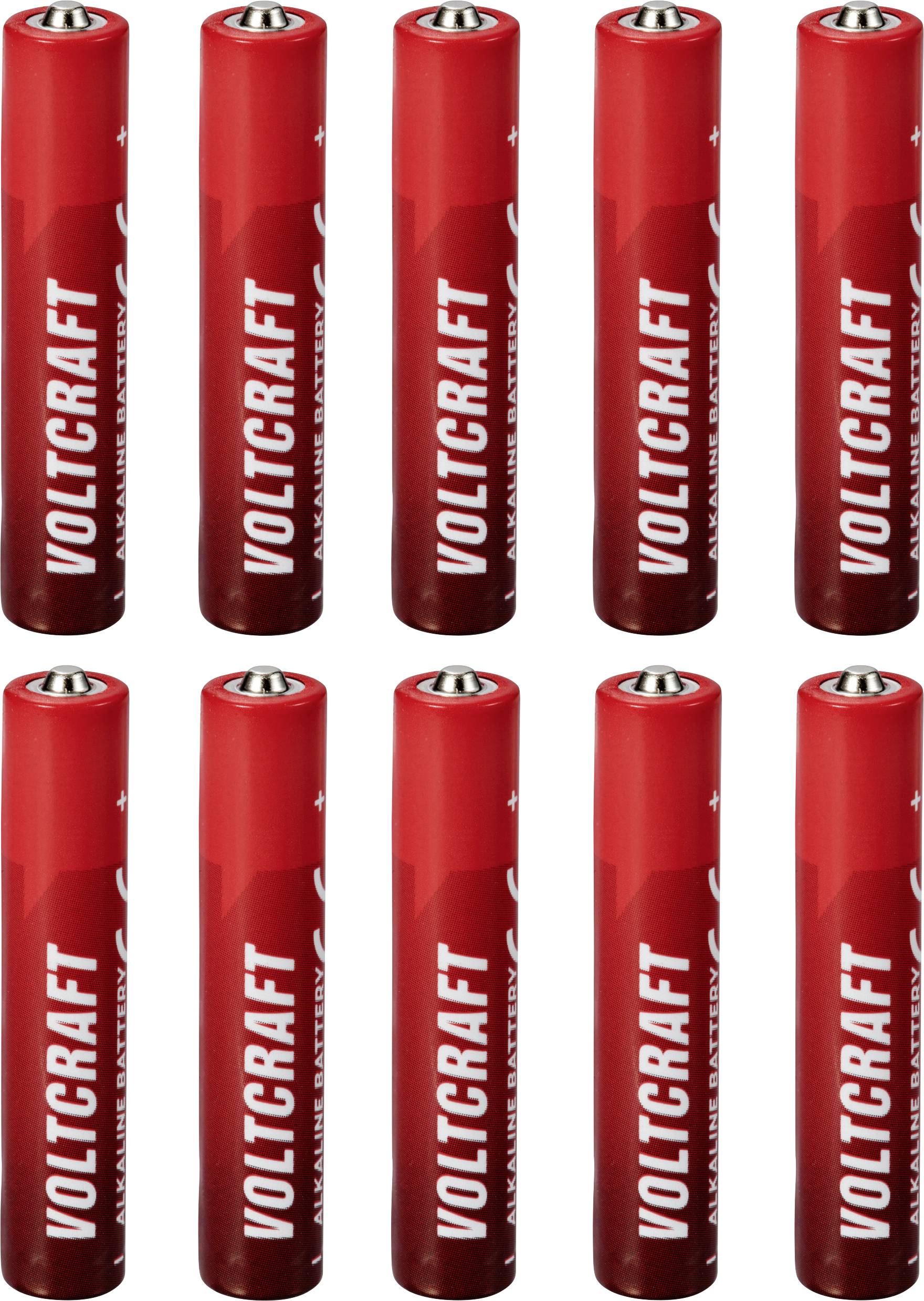 Deset červených baterií AA značky Voltcraft uspořádaných do dvou řad.