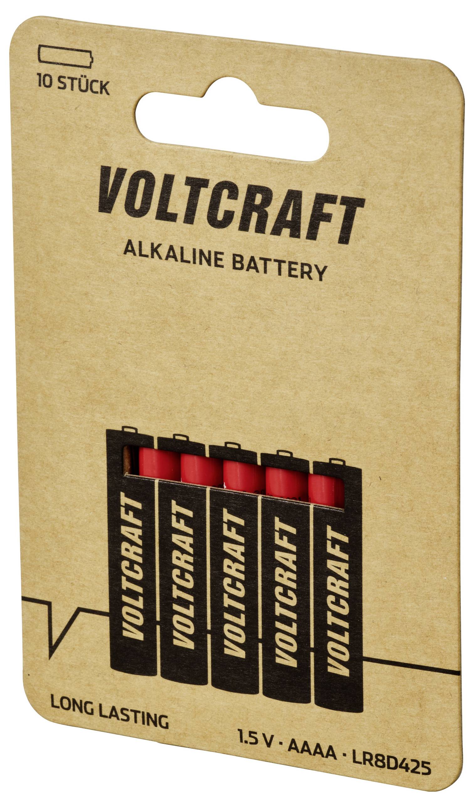 Balení obsahuje 10 alkalických baterií Voltcraft AAAA. Na přední straně jsou baterie s nápisem 'DLOUHOTRVAJÍCÍ' a '1,5V'.