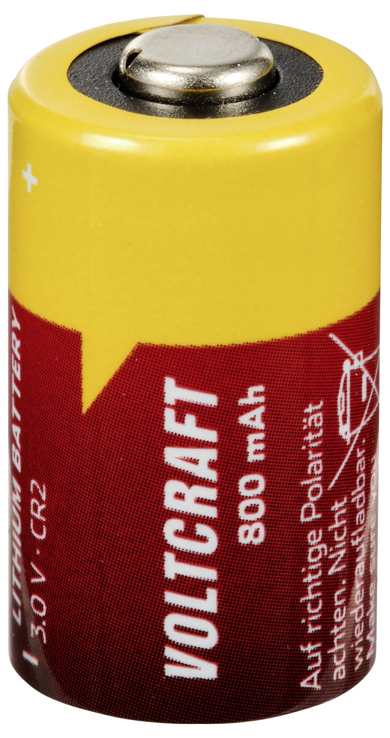 Červená a žlutá lithiová baterie značky Voltcraft, 3,0 V, CR2, 800 mAh. Upozornění: Dbejte na správnou polaritu.