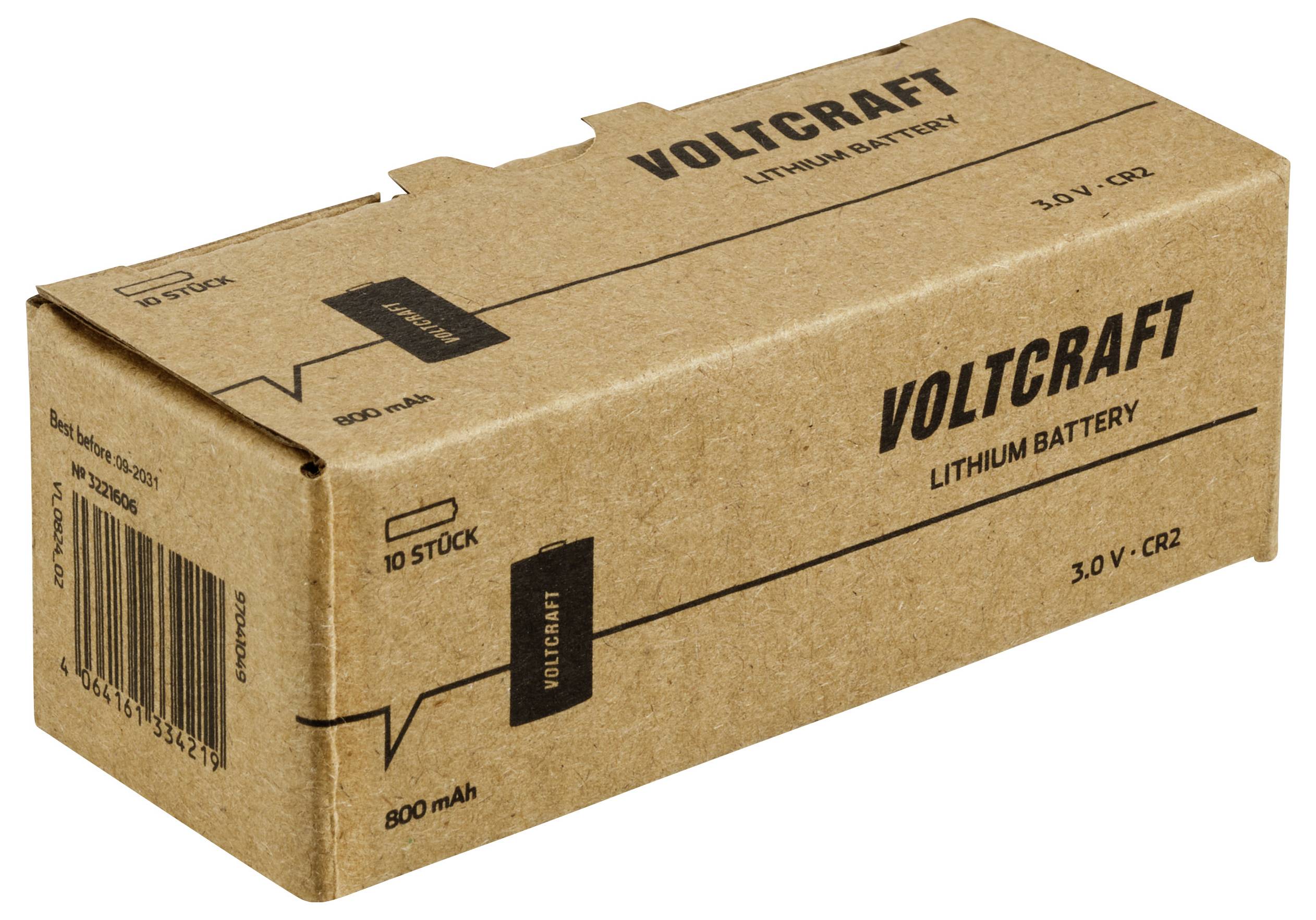 Hnědý obal pro lithiovou baterii 'Voltcraft', 3,0 V - CR2, s černým textem a čárovým kódem na straně.