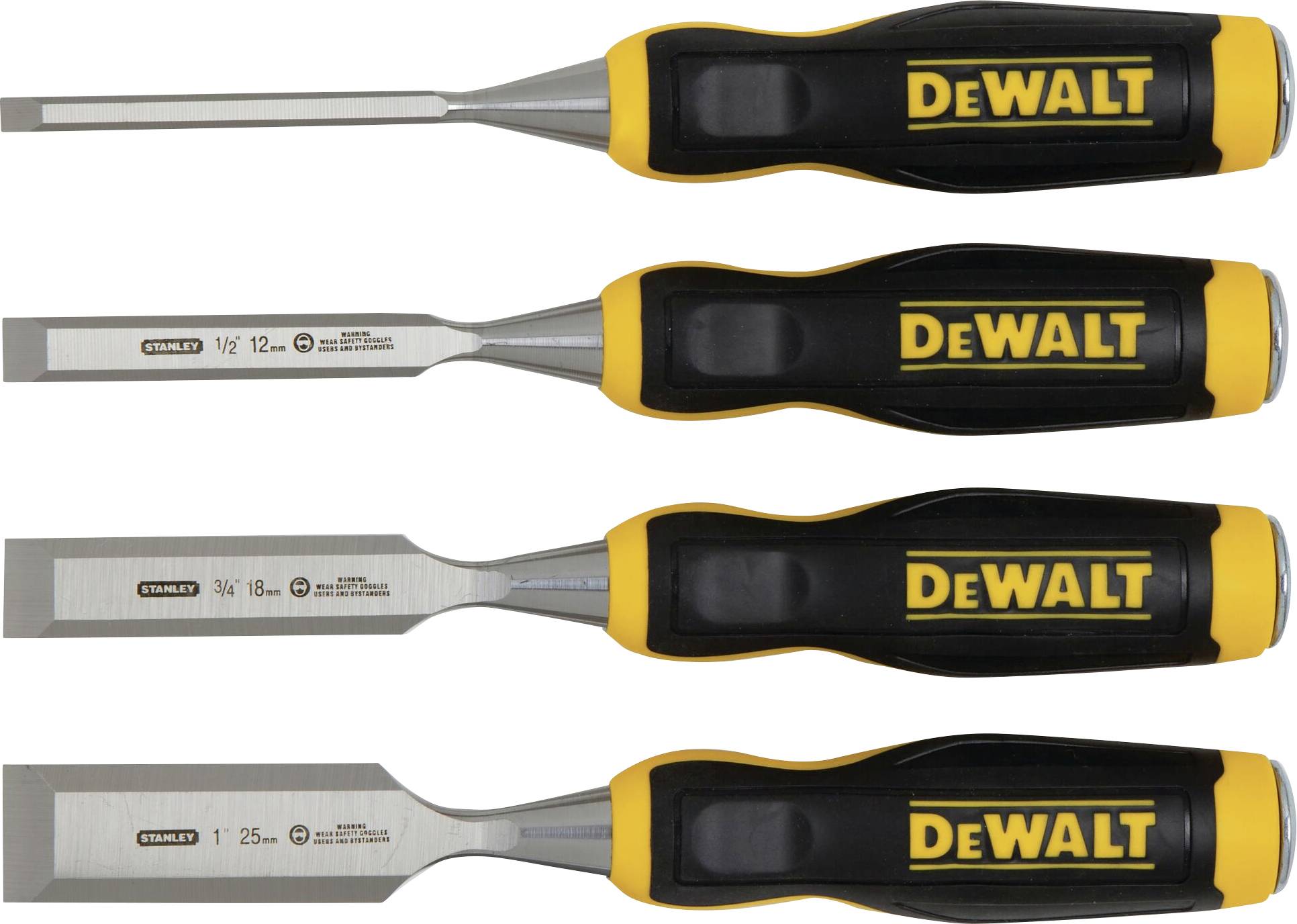Čtyři sekáče DeWalt s různě širokými čepelemi (12 mm, 19 mm, 25 mm, 38 mm). Černé rukojeti s žlutým logem.