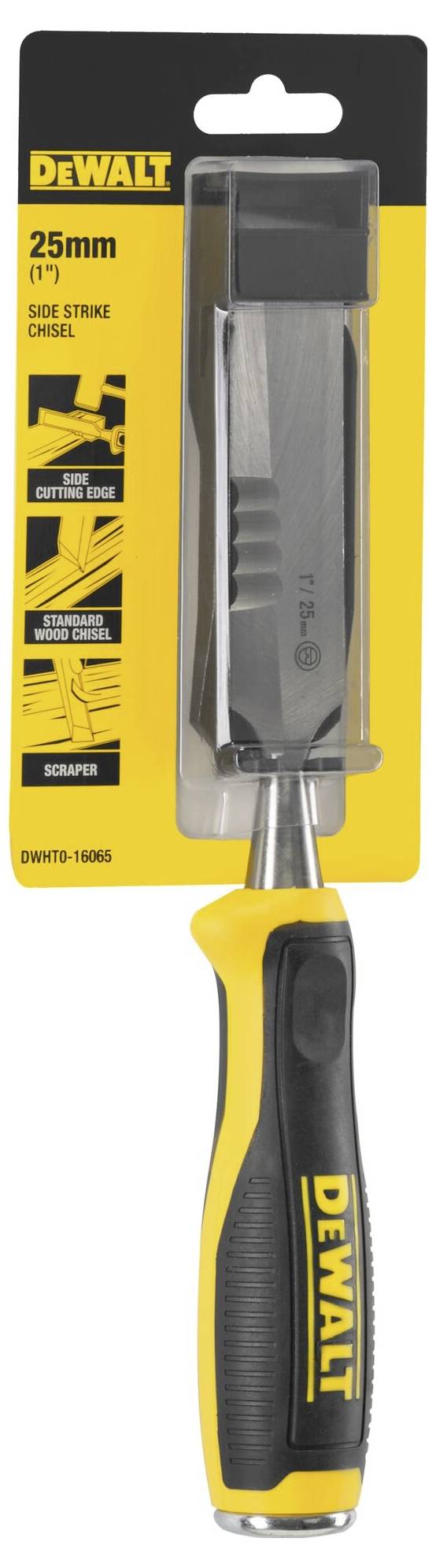 25mm dřevěné dláto značky Dewalt v černožlutém designu, zabalené v žluté krabici.