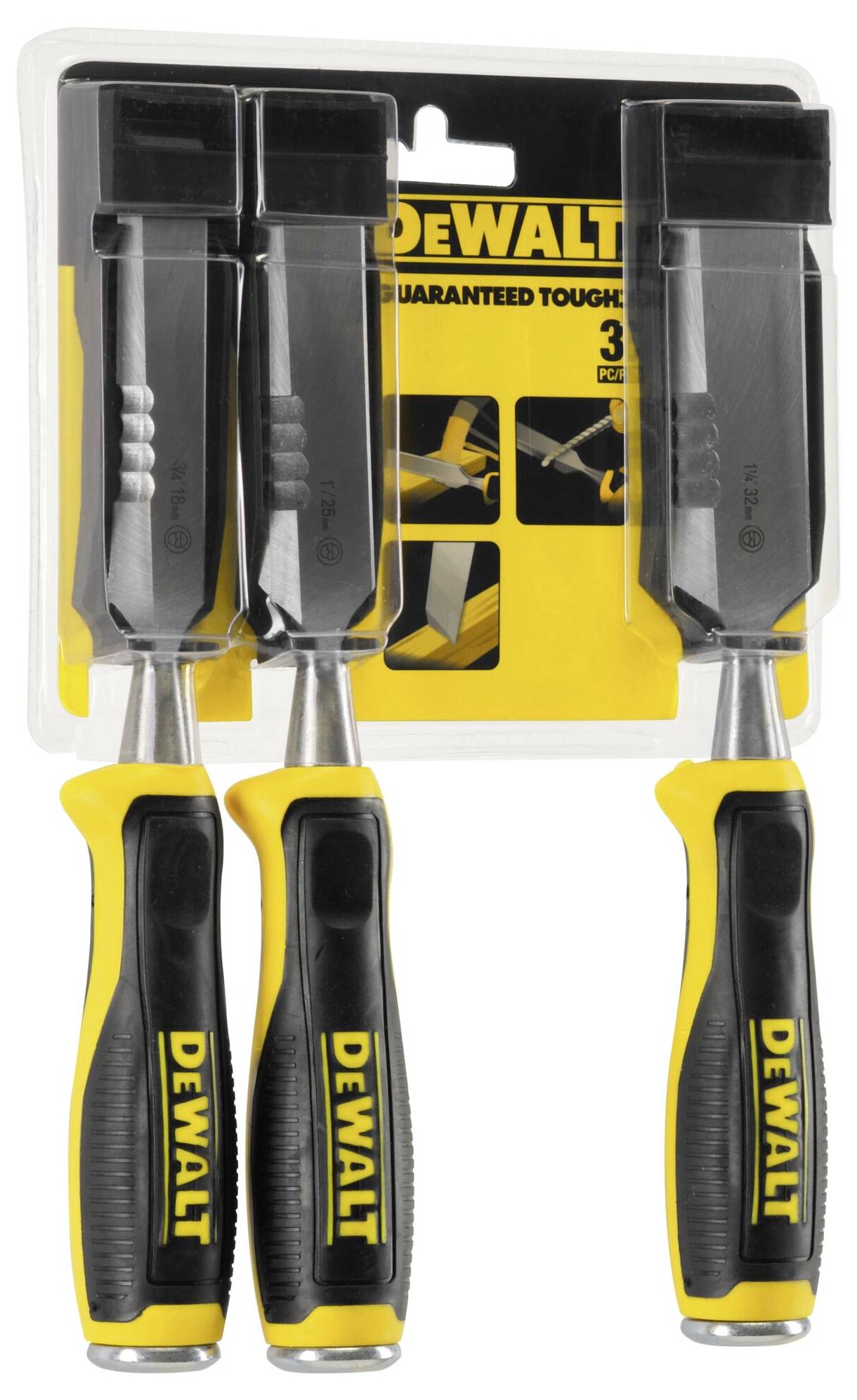 Tři dláta DeWalt v sadě, s ergonomickými rukojeťmi, vhodné pro práci se dřevem, prezentované na žlutém pozadí.