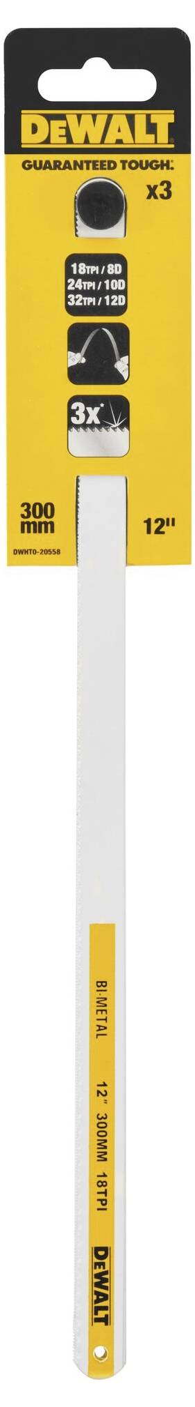 Pilové listy DEWALT, 300 mm dlouhé, na řezání kovu, balení zobrazuje tři čepele a symbol páky pro vysoký výkon.