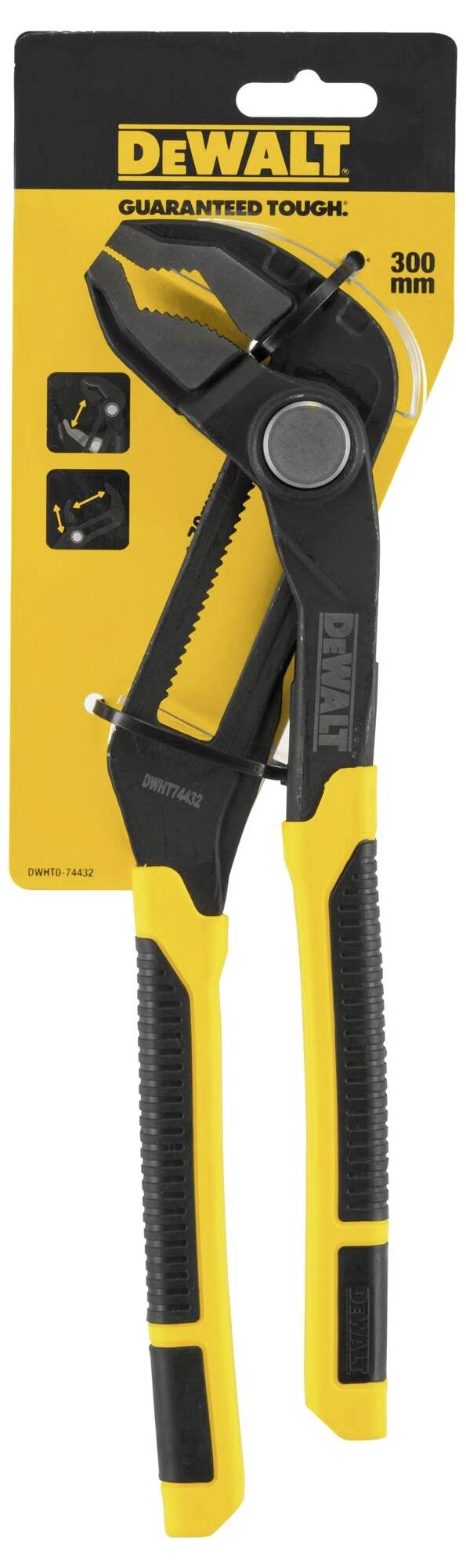 300mm Dewalt instalatérské kleště s vodní pumpou na žluté obalu s heslem 'Zaručeně odolné'.