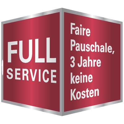 Červená kostka s bílým textem: 'FULL SERVICE' na levé straně, 'Férální paušál, 3 roky bez nákladů' na straně pravé.