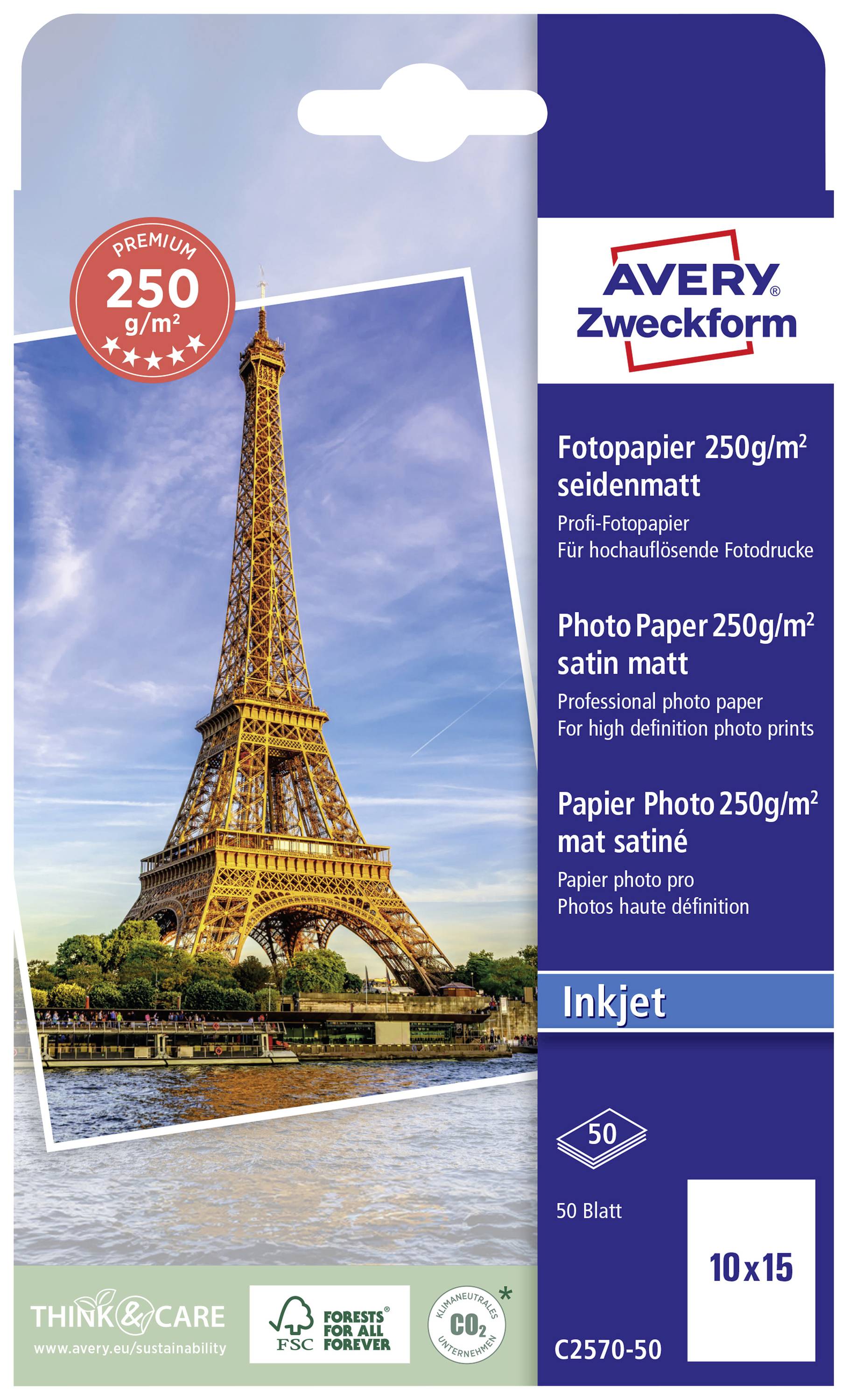'Obal pro fotografický papír Avery Zweckform, 250 g/m², hedvábně matný. Zobrazení Eiffelovy věže v Paříži, vhodný pro inkoustové tiskárny.'