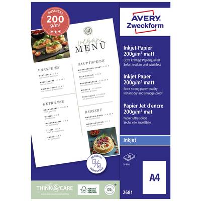 Veganské menu s kategoriemi: Předkrm, Hlavní chod, Nápoje, Dezert. Ilustrované návrhy s ingrediencemi na kartě. Papír Avery Zweckform 200 g/m².