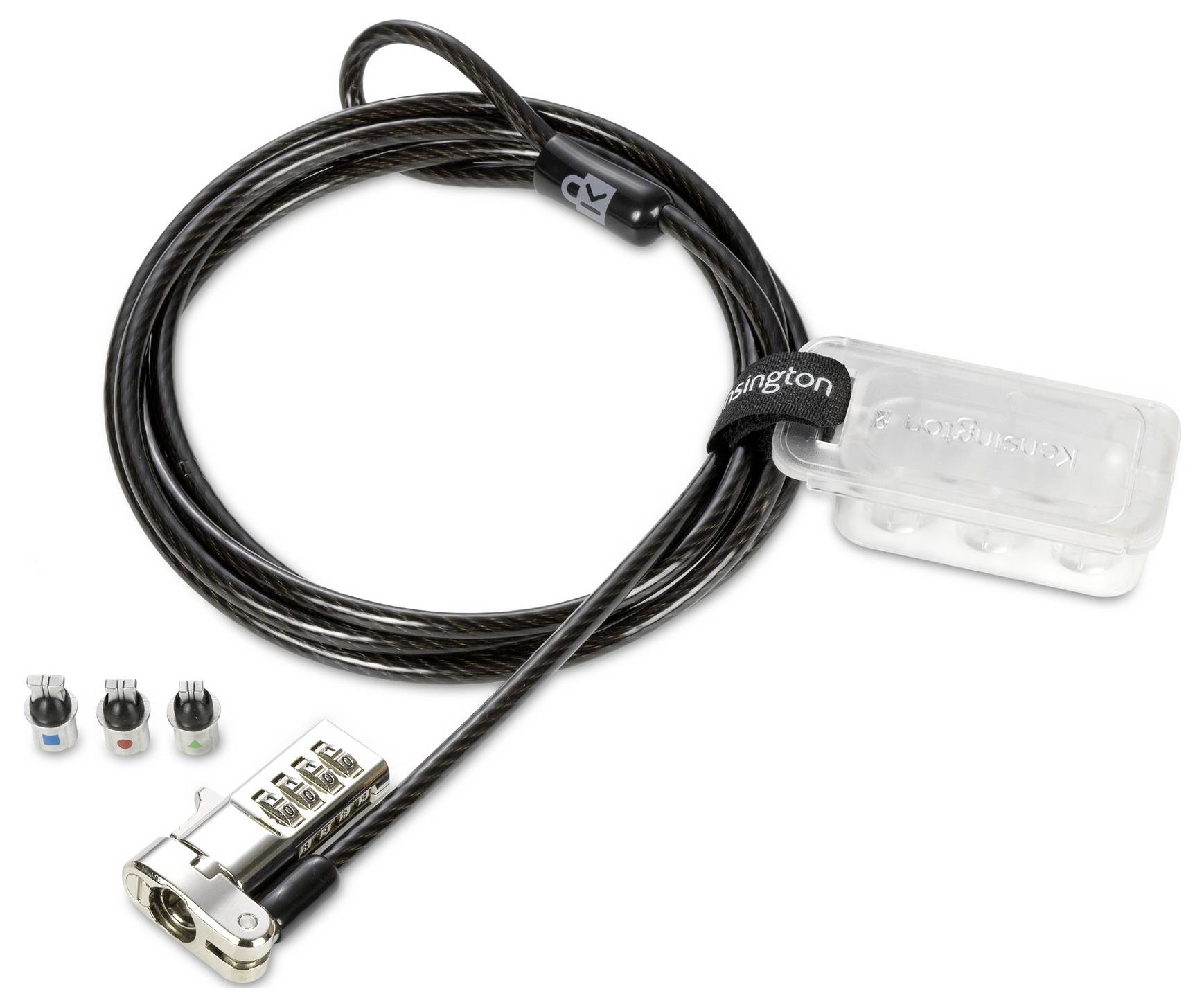 Bezpečnostní lankový zámek s číselným kódem a několika vyměnitelnými adaptéry pro ochranu notebooků.