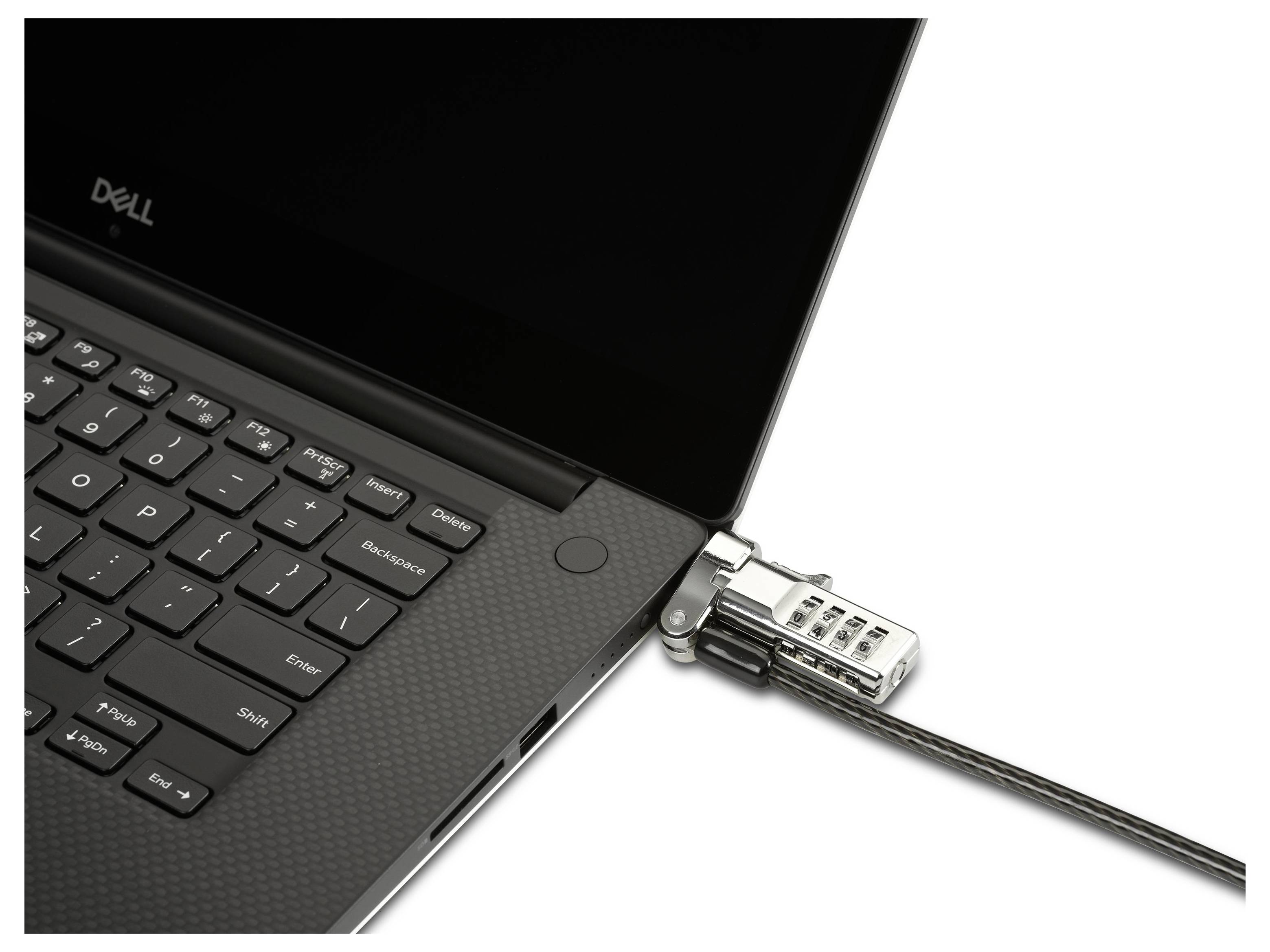 Laptop s bezpečnostním zámkem s čísly na levé straně, který chrání zařízení před odcizením.