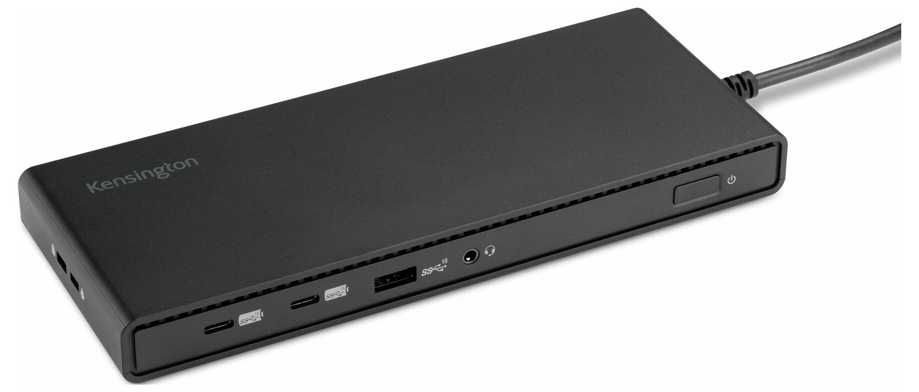 Černá dokovací stanice Kensington s více porty, včetně USB-C a HDMI, určená pro laptopy a monitory.