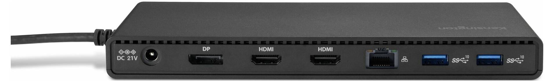 Kompaktní černá dokovací stanice se dvěma HDMI porty, jedním DisplayPortem, ethernetovým portem a dvěma USB porty, připojená síťovým kabelem.