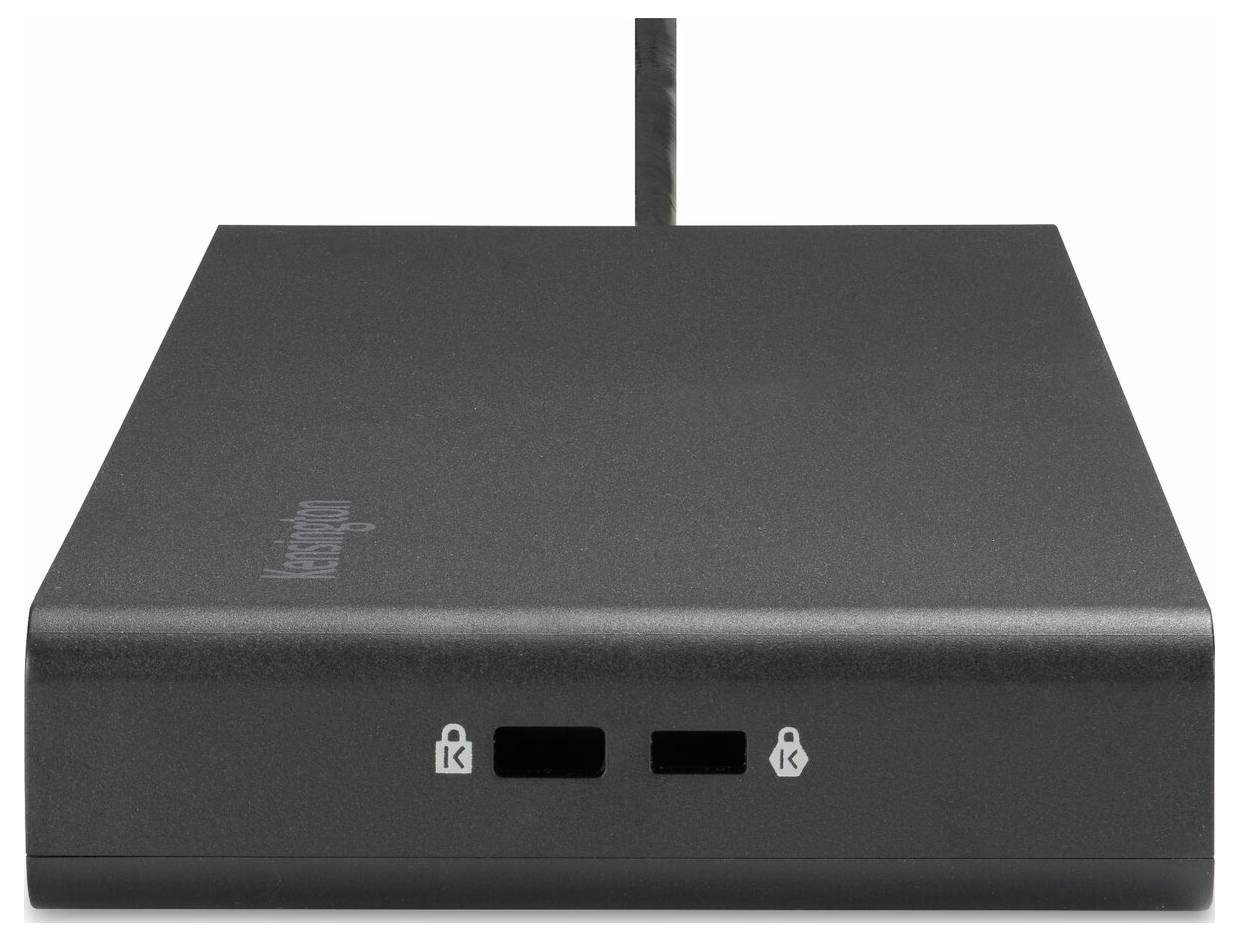 Černý externí pevný disk se dvěma USB porty a symboly zámku na přední straně. Kabel je připojen na zadní straně.