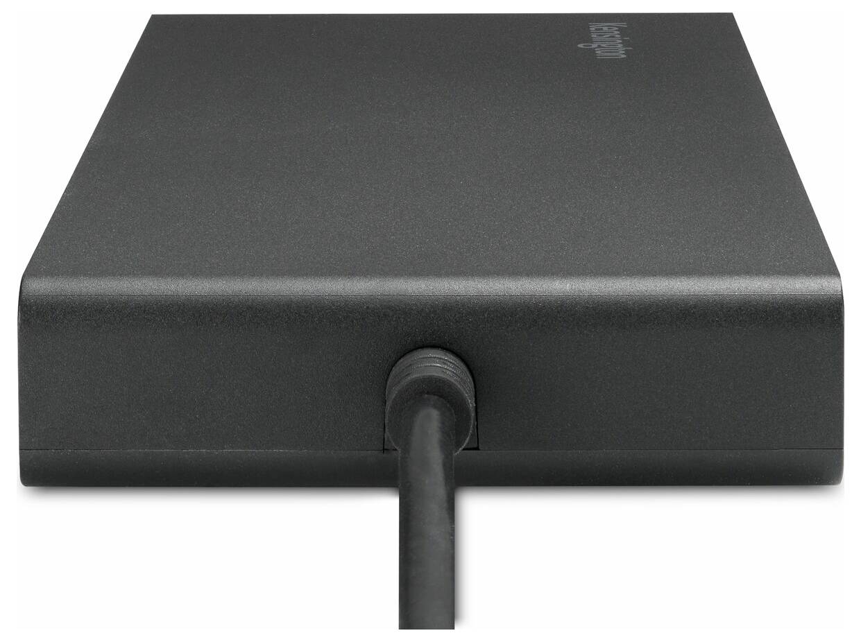 Externí černý box na pevný disk s připojeným kabelem, pohled zepředu.