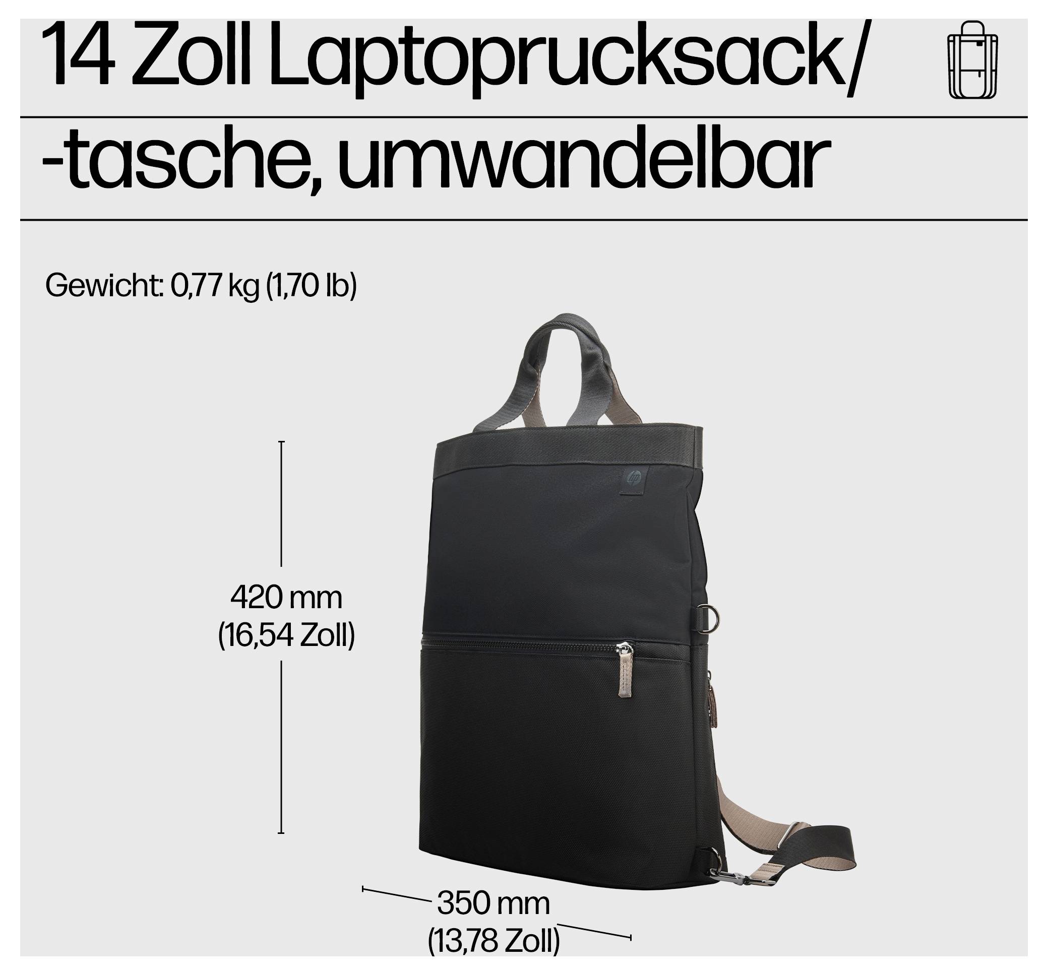 14palcový laptopový batoh/taška, convertibilní v černé barvě. Rozměry: 420 mm výška, 350 mm šířka. Hmotnost: 0,77 kg (1,70 lb).