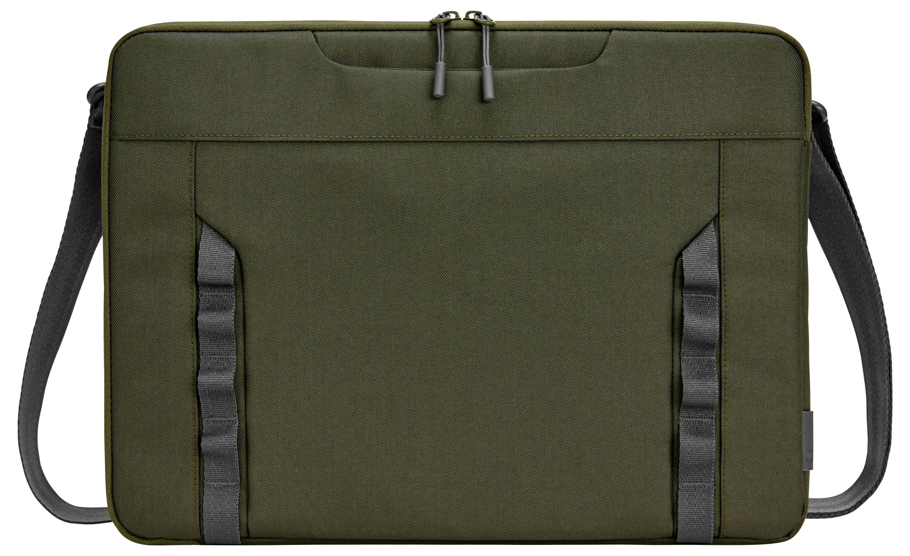 Olivově zelená laptopová taška s černým ramenním popruhem, minimalistický design, přední zipové kapsy.