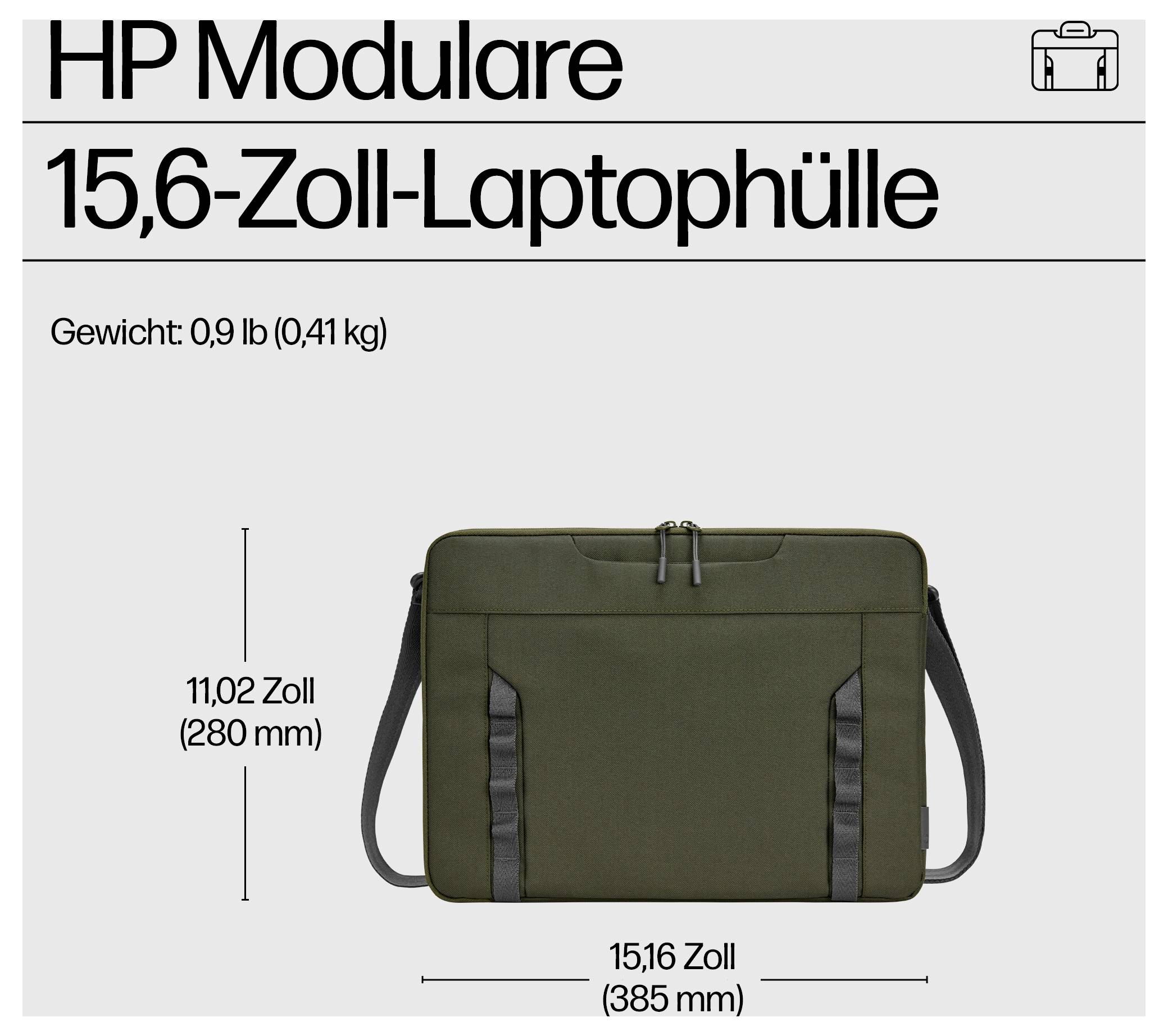 Brašna pro 15,6palcový notebook, modulární design, hmotnost: 0,9 lb (0,41 kg), rozměry: 15,16 palce x 11,02 palce (385 mm x 280 mm), barva: olivově zelená