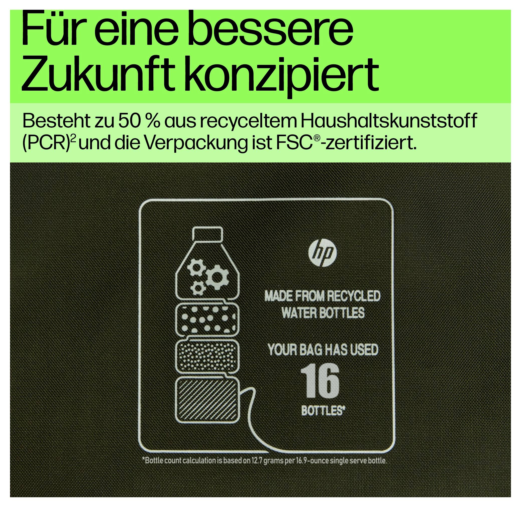 Text popisuje HP obaly, které jsou vyrobeny z 50 % z recyklovaného plastu a jsou certifikovány FSC.