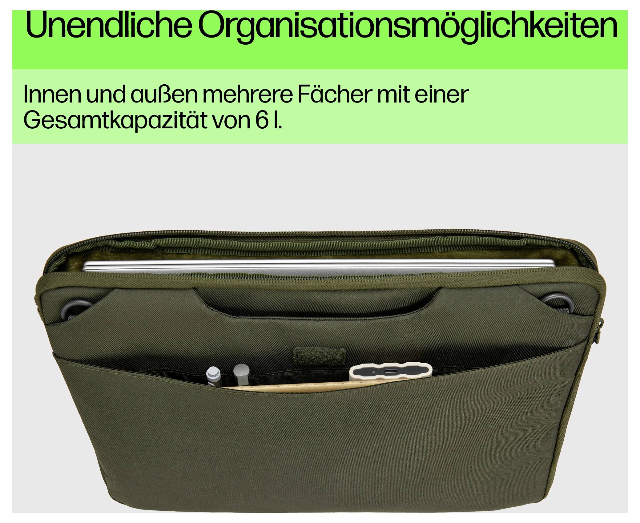 Taška s několika vnitřními a vnějšími kapsami, celkový objem 6 litrů, pro komplexní organizaci věcí.