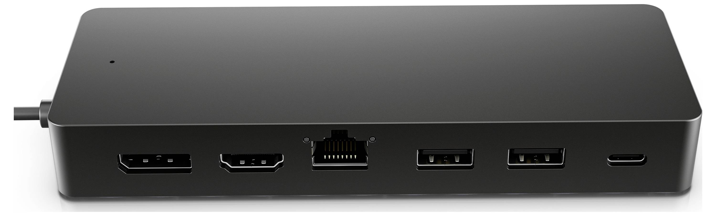 Černená dokovací stanice s různými porty: HDMI, Ethernet, USB a USB-C; vhodná pro připojení několika zařízení.