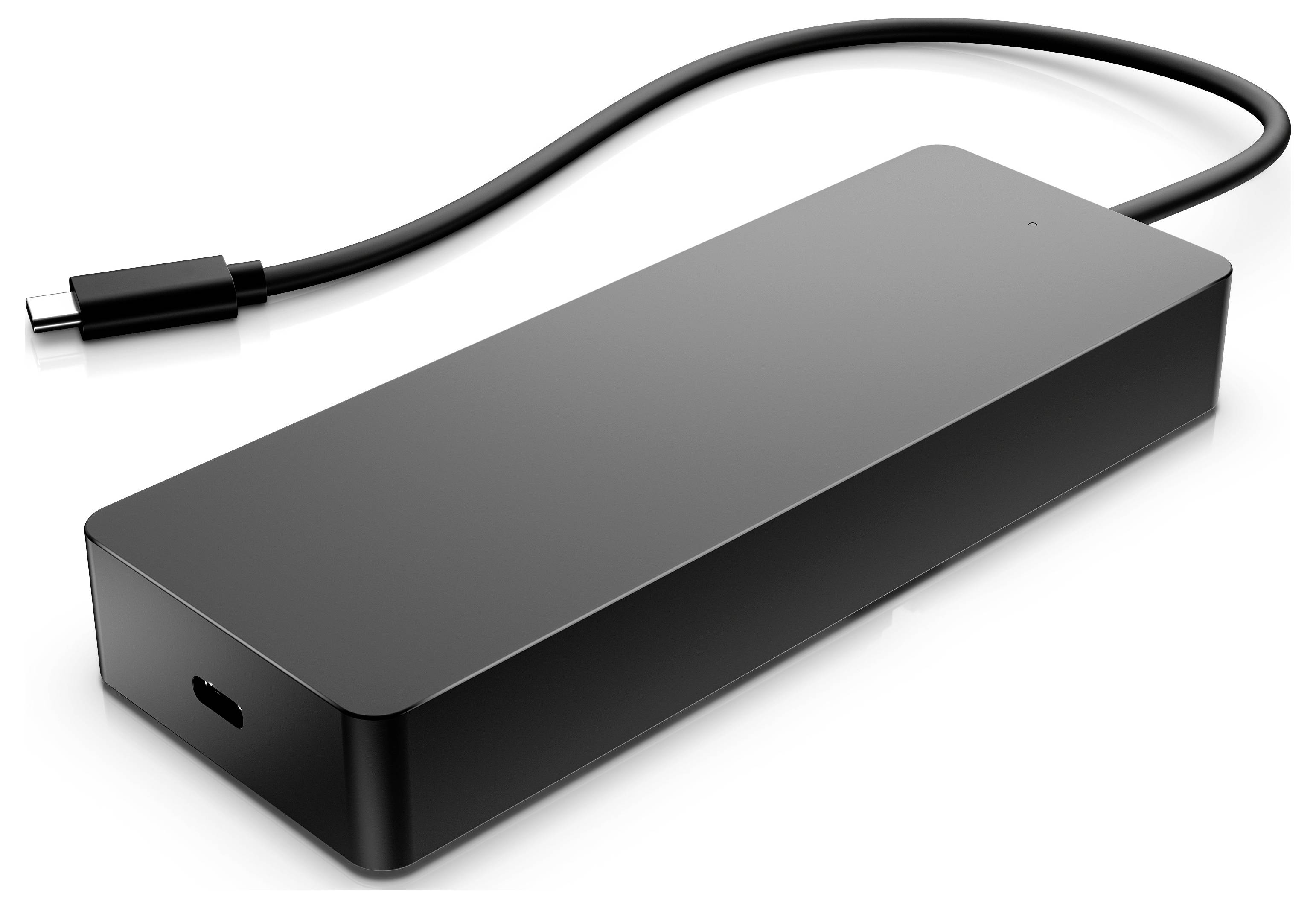 Černé obdélníkové elektronické zařízení s USB-C kabelem, pravděpodobně dokovací stanice nebo externí úložiště.