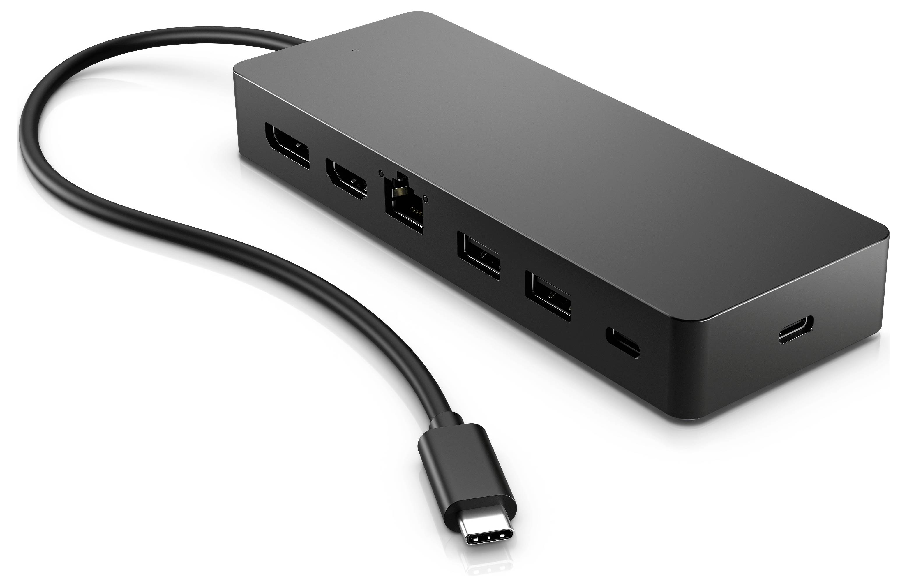 Černá USB-C dokovací stanice s několika připojovacími možnostmi, včetně HDMI, USB a Ethernetu, na bílém pozadí.