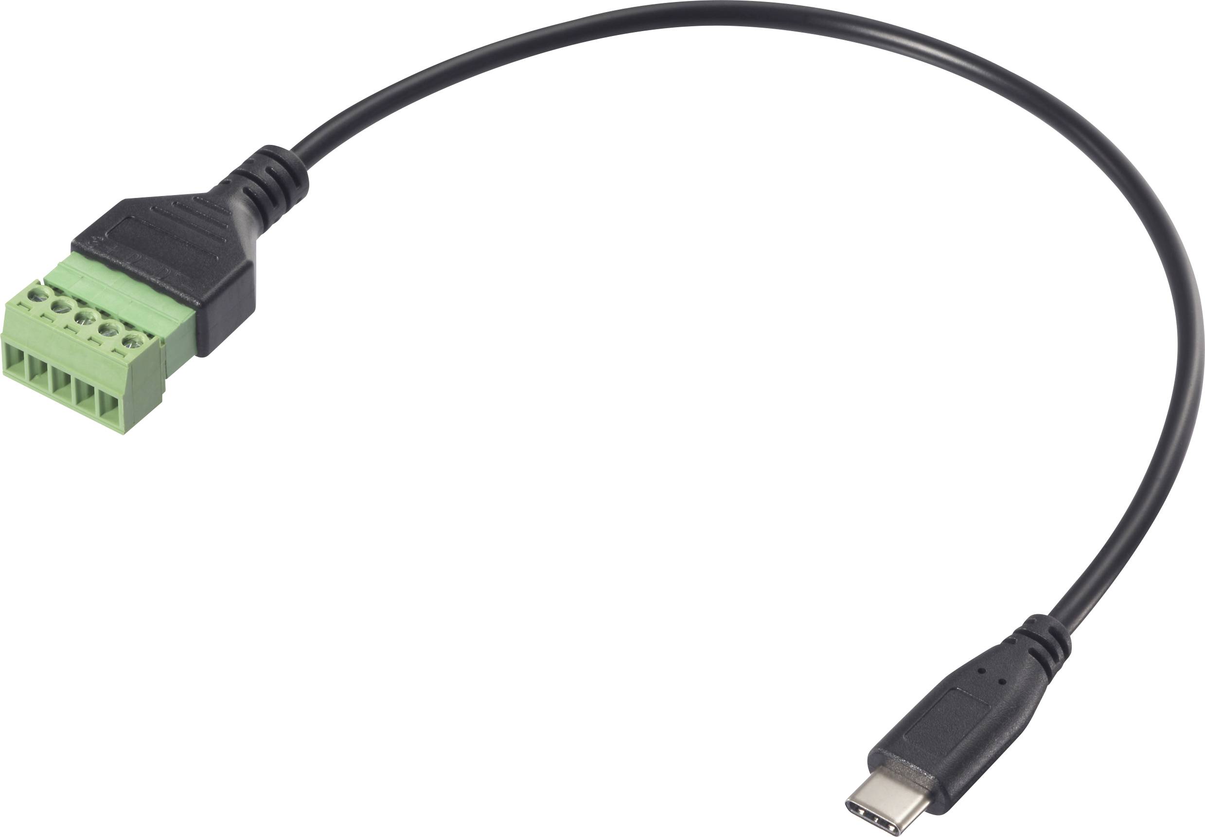 Černý kabel s USB-C konektorem na jedné straně a zeleným vícepólovým konektorem na straně druhé.