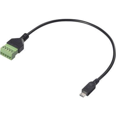 Černý kabel se zeleným připojovacím konektorem a micro-USB vstupem, používaný pro připojování zařízení v průmyslových aplikacích.