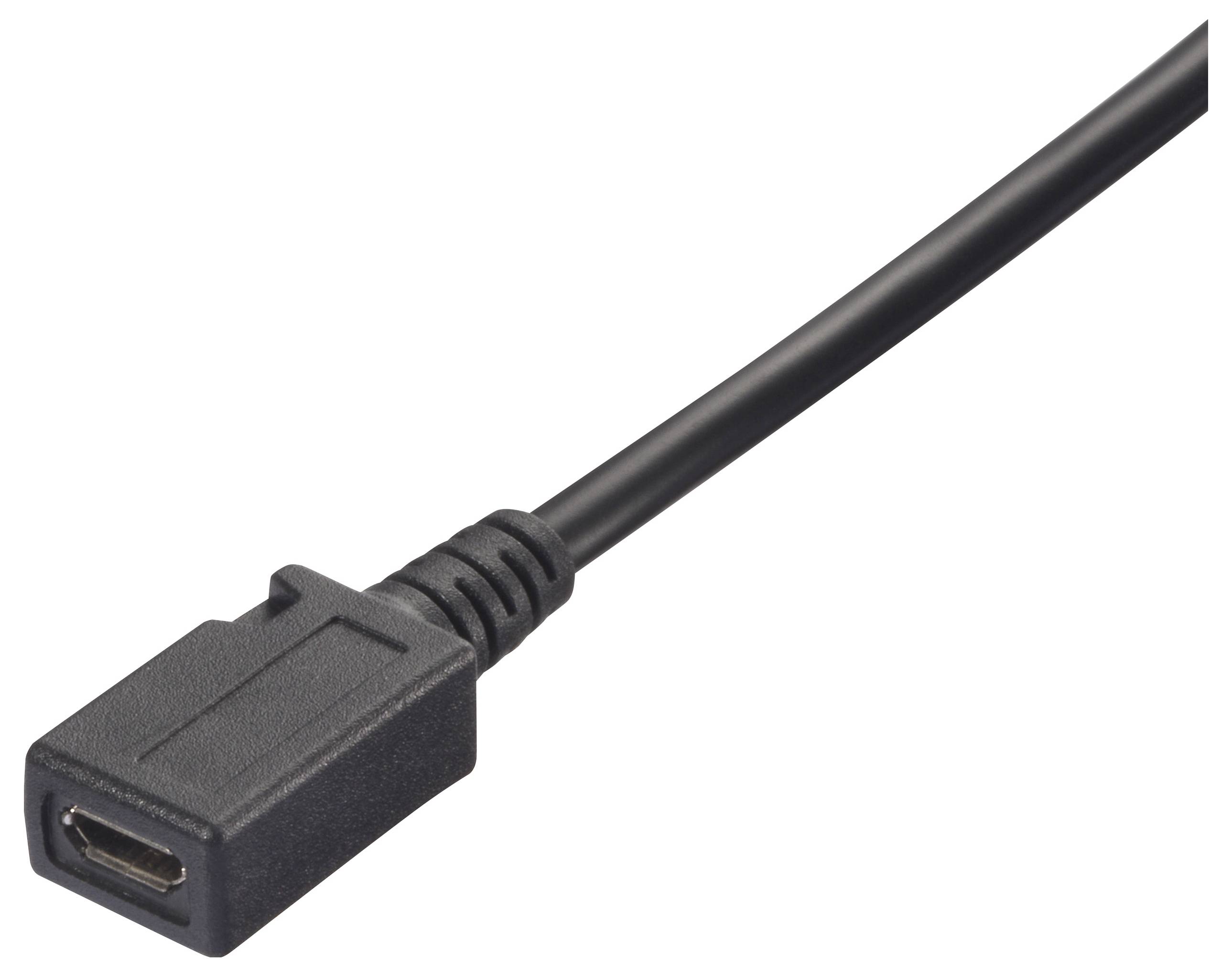 Černý USB kabel s samičkovým micro-USB konektorem.