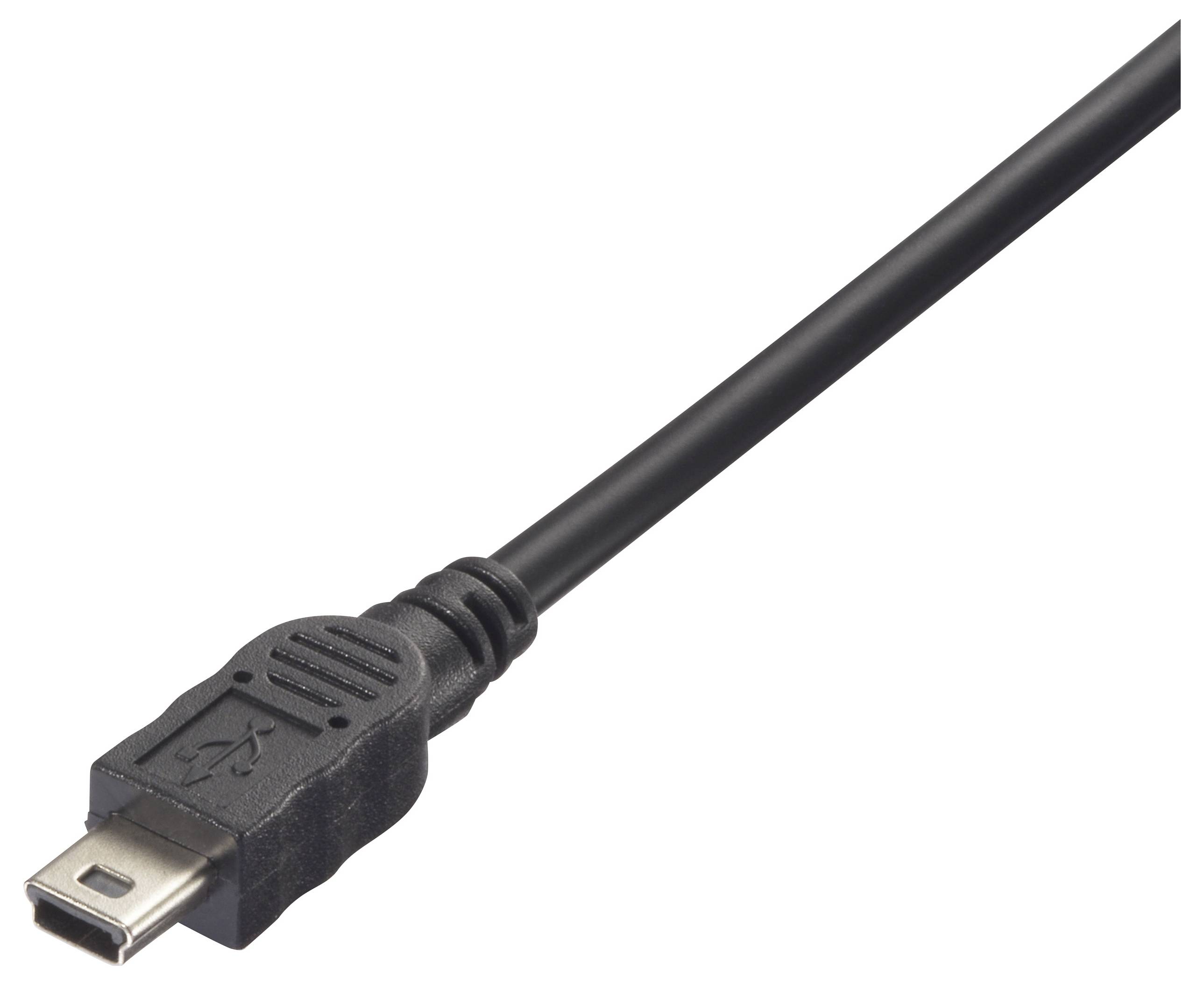 Černý USB kabel s mini-USB konektorem na bílém pozadí. Kabel je vhodný pro přenos dat a nabíjení.