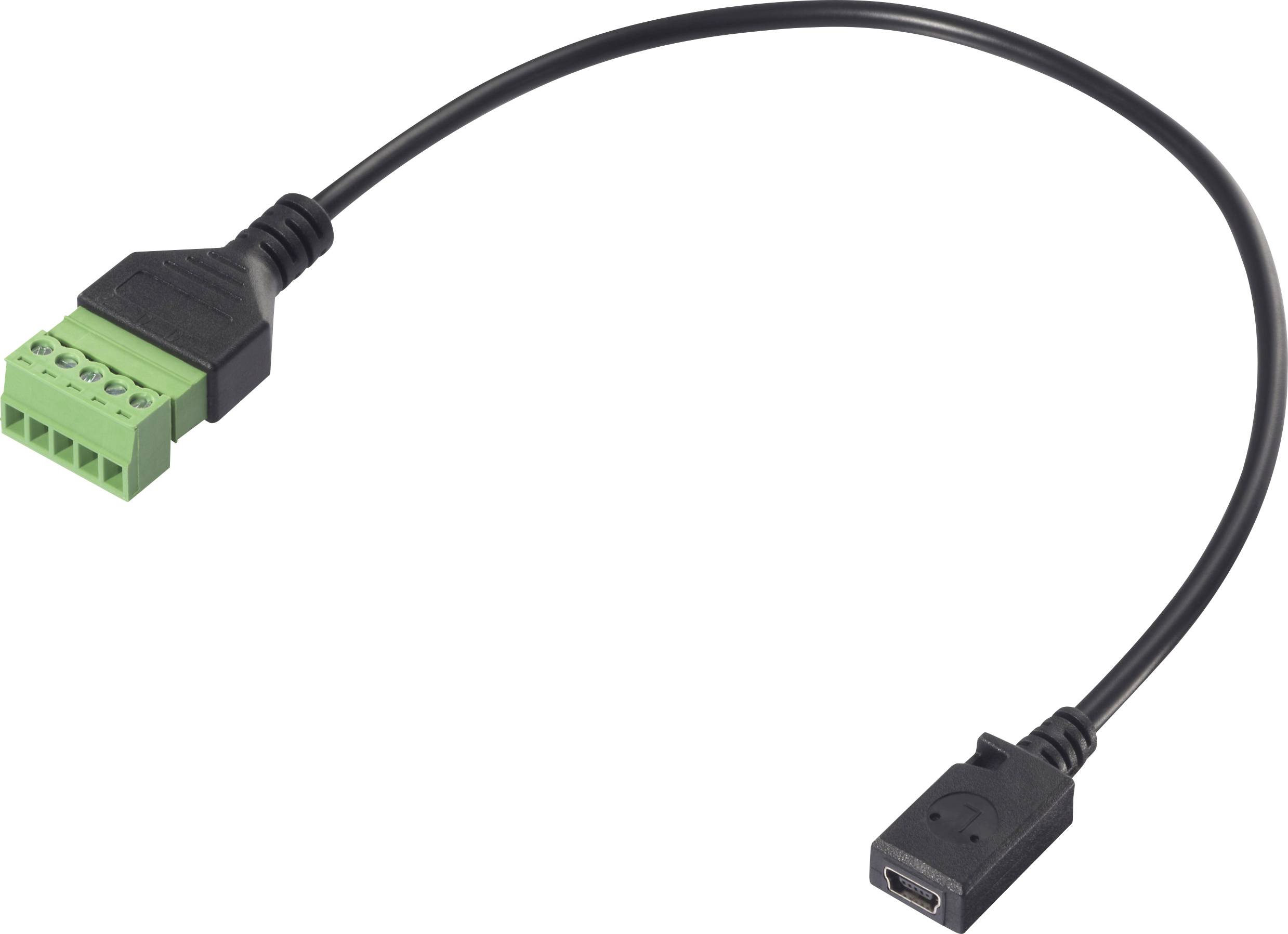 Černý kabel se zeleným konektorem a USB připojením. Vhodný pro elektronické propojení.