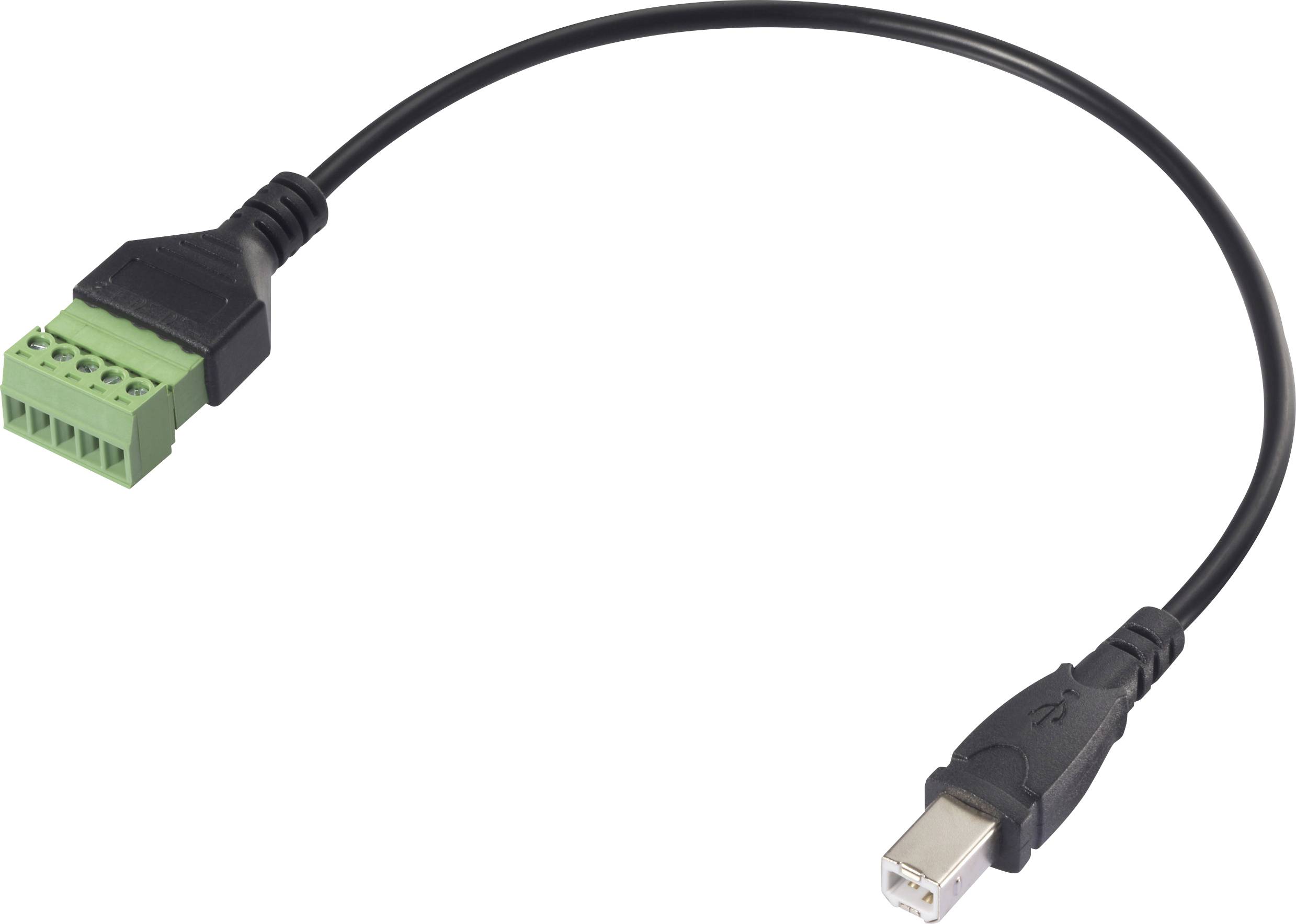 Černý kabel s USB konektorem na jednom konci a zeleným vícepólovým konektorem na druhém konci na bílém pozadí.