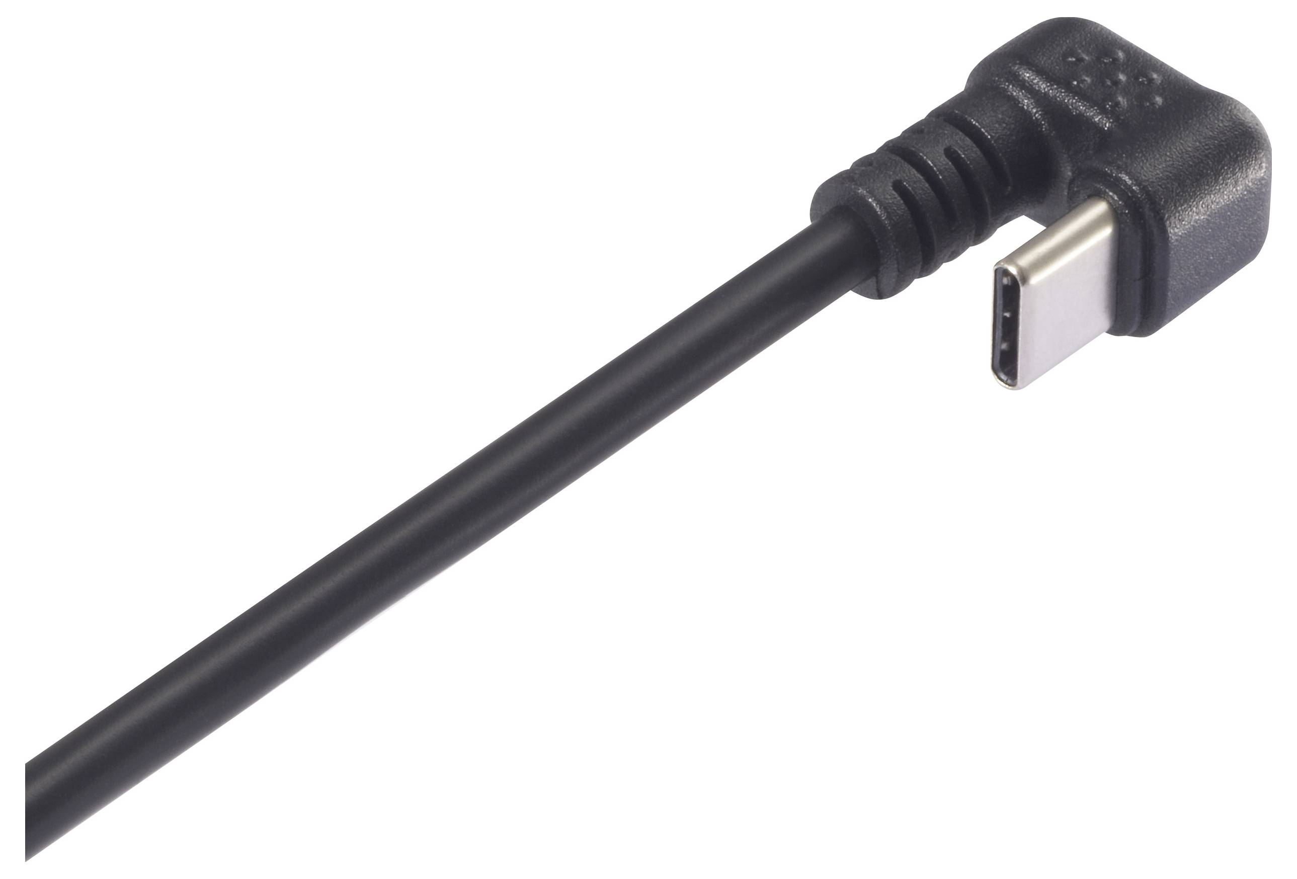 Černý USB-C kabel s lomením konektoru, který leží na bílém pozadí.