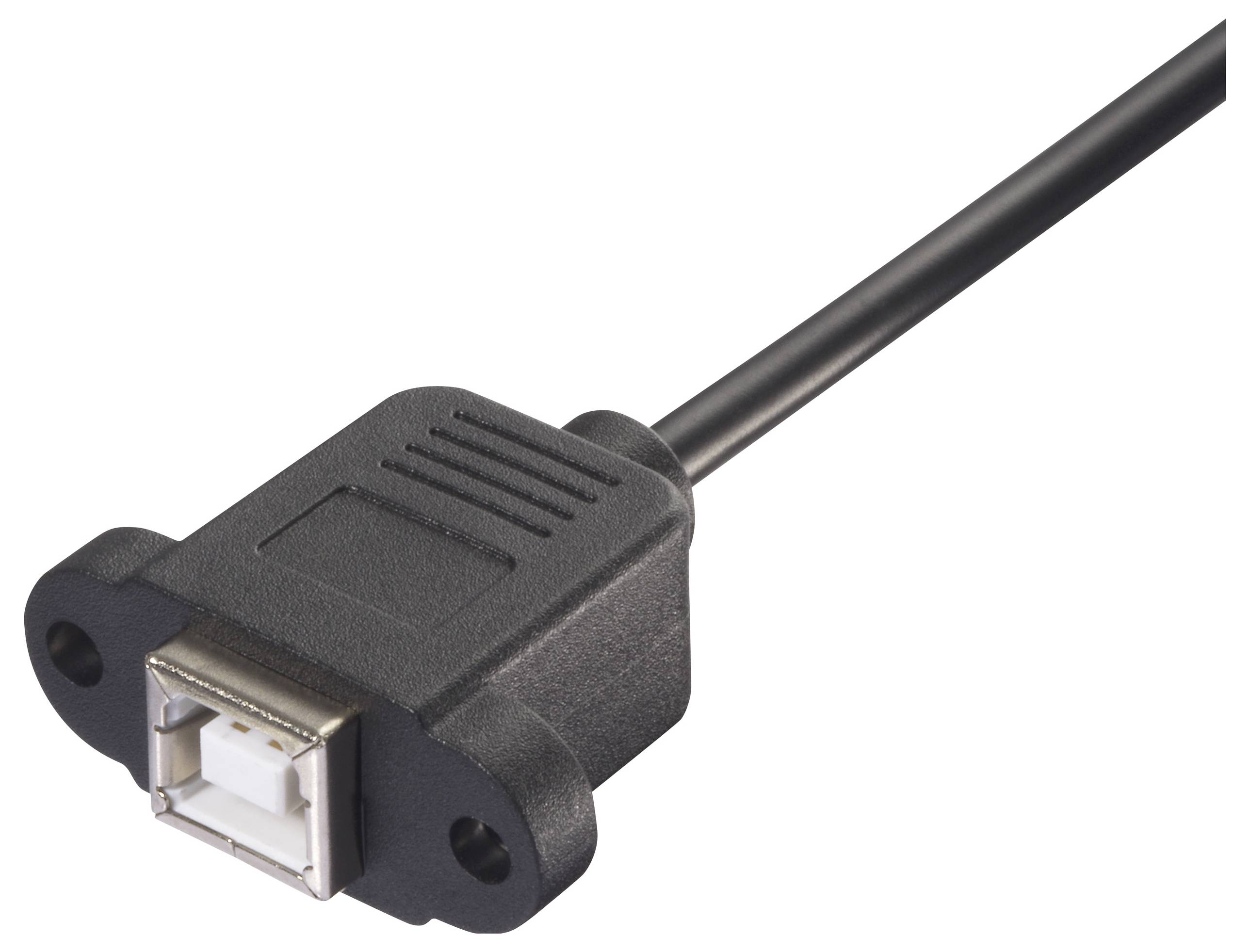 Černý USB-B kabel s kovovým obalem leží na bílém pozadí.