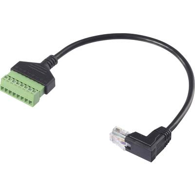 Černý kabel spojuje zelený připojovací blok s ethernetovou zásuvkou RJ45.