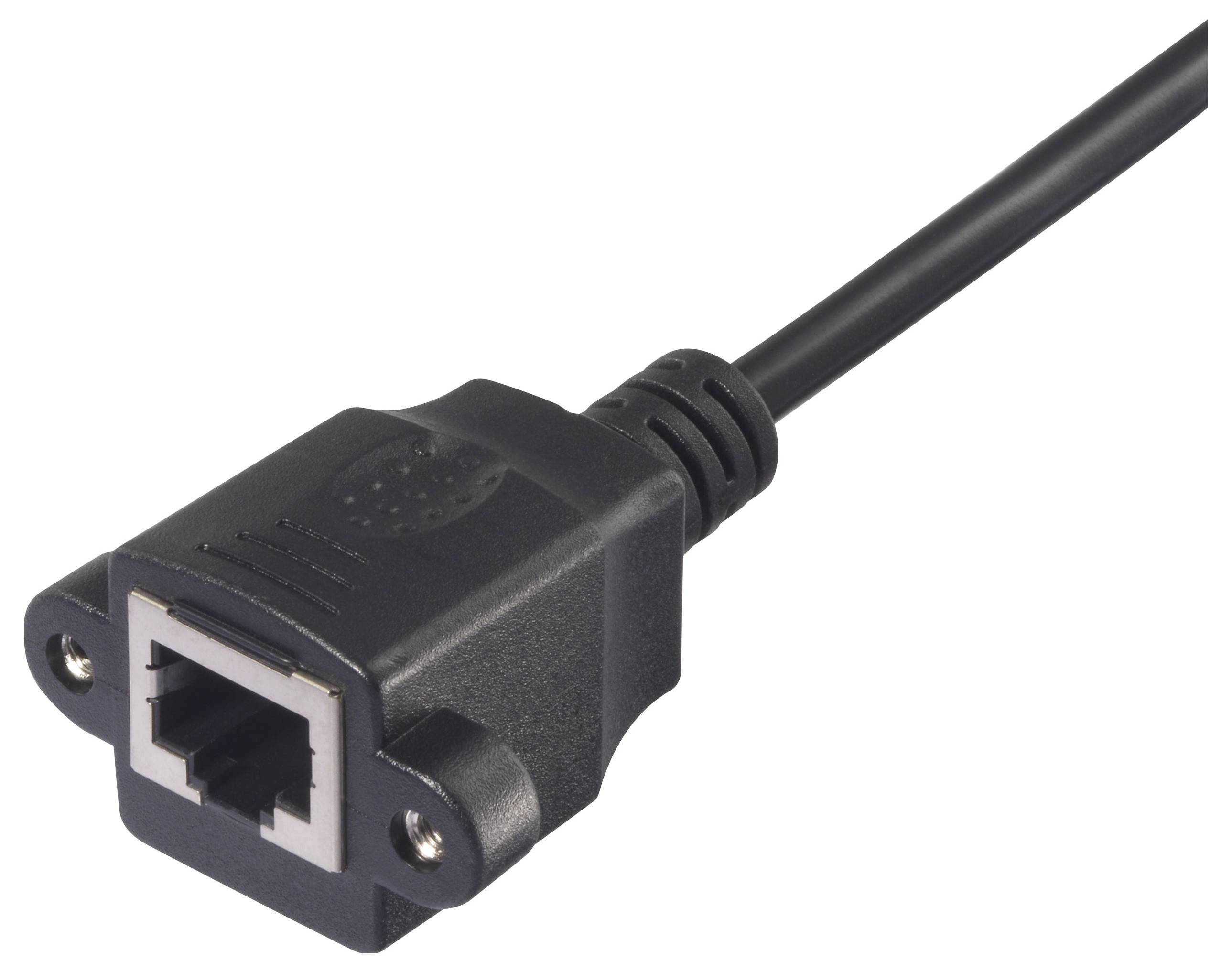 Černý síťový kabel s konektorem RJ45, vhodný pro ethernetové připojení, leží na neutrálním pozadí.