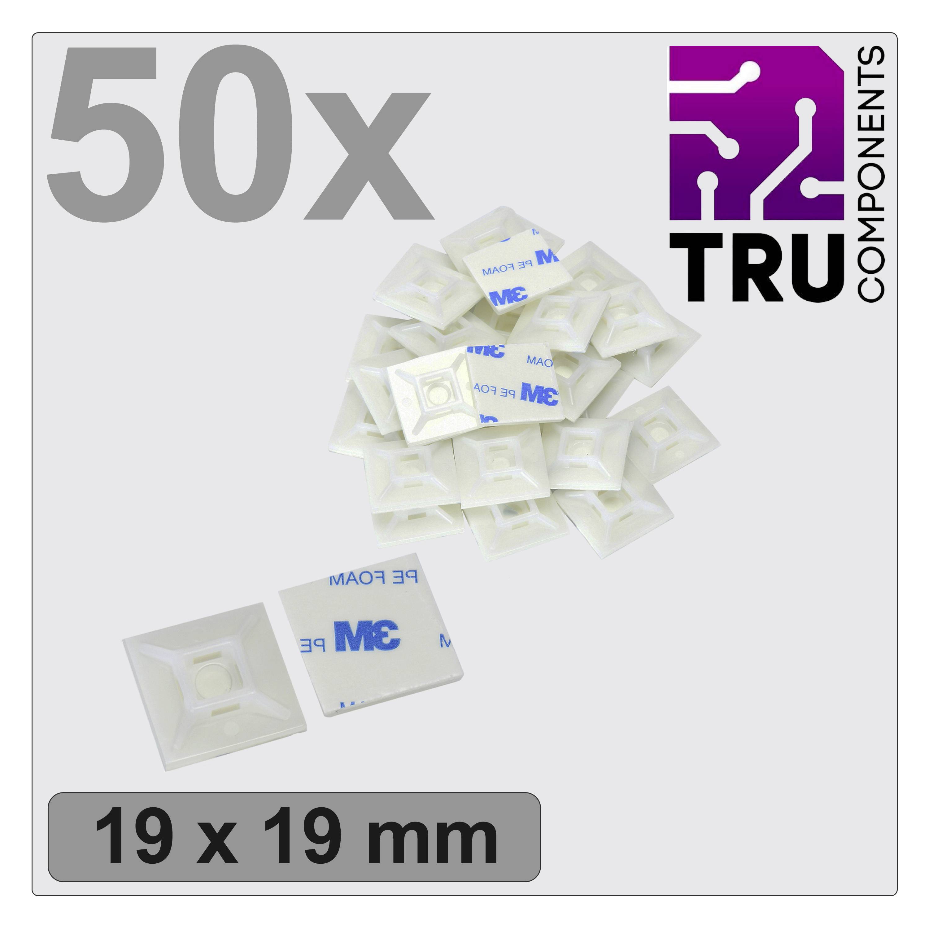 50 samolepicích kabelových spon, 19 x 19 mm, zobrazeno vedle loga TRU Components.