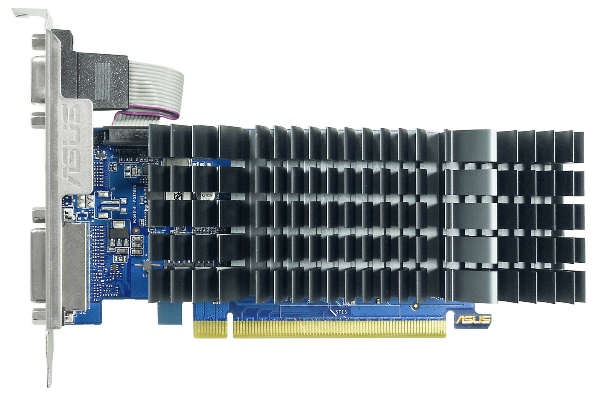 Grafická karta s pasivním chlazením a PCIe sběrnicí, boční pohled s VGA výstupem. Značka 'ASUS'.