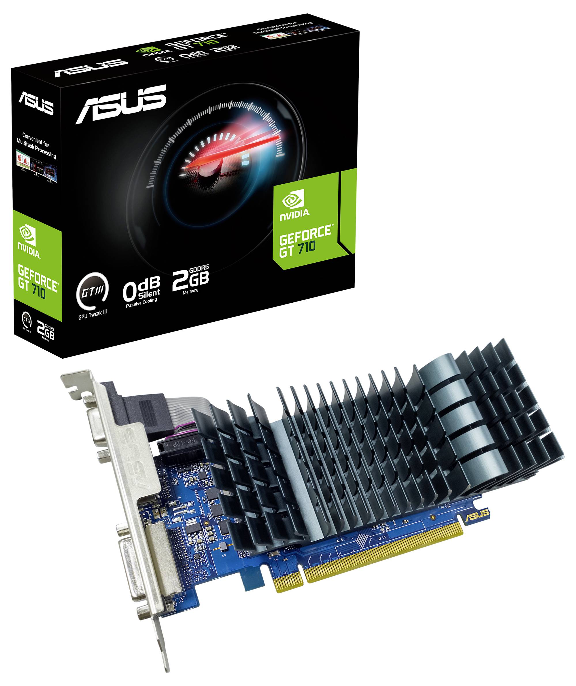 Grafická karta ASUS GeForce GT 710 2GB s pasivním chlazením vedle obalu.