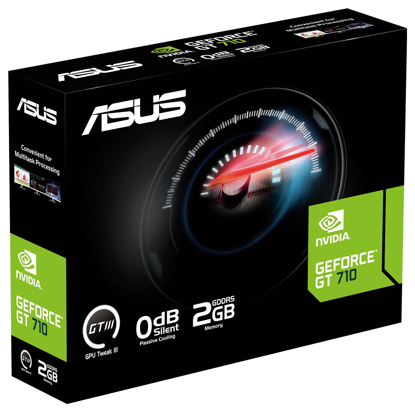 Krabice grafické karty Asus NVIDIA GeForce GT 710 se zvýrazněnými vlastnostmi: 2GB, tichý chladicí systém, GPU Tweak II.