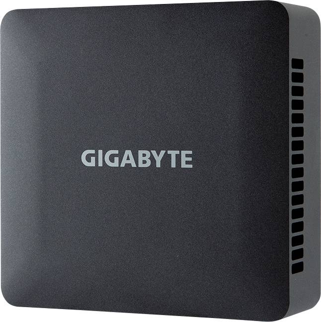 Kompaktní černá krabice s nápisem 'GIGABYTE', pravděpodobně miniaturní počítač nebo podobné hardwarové zařízení.