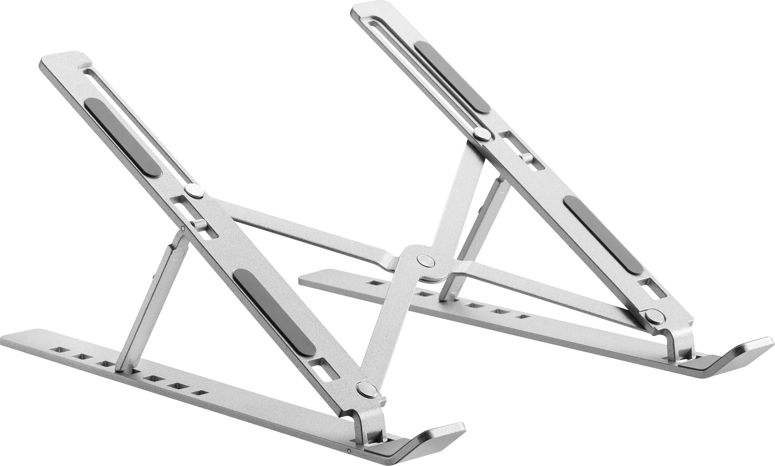 Stříbrný nastavitelný stojan na notebook s několika drážkami pro úpravu výšky, navržený pro zlepšení proudění vzduchu a ergonomie při použití.