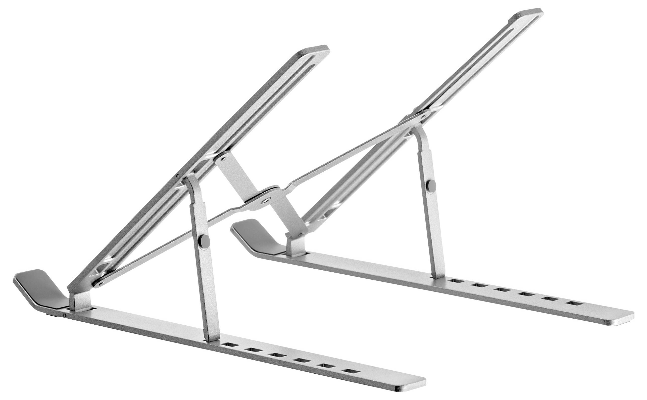 Stříbrný nastavitelný stojan na notebook s skládacím designem, který nabízí několik výškových nastavení pro ergonomické umístění.
