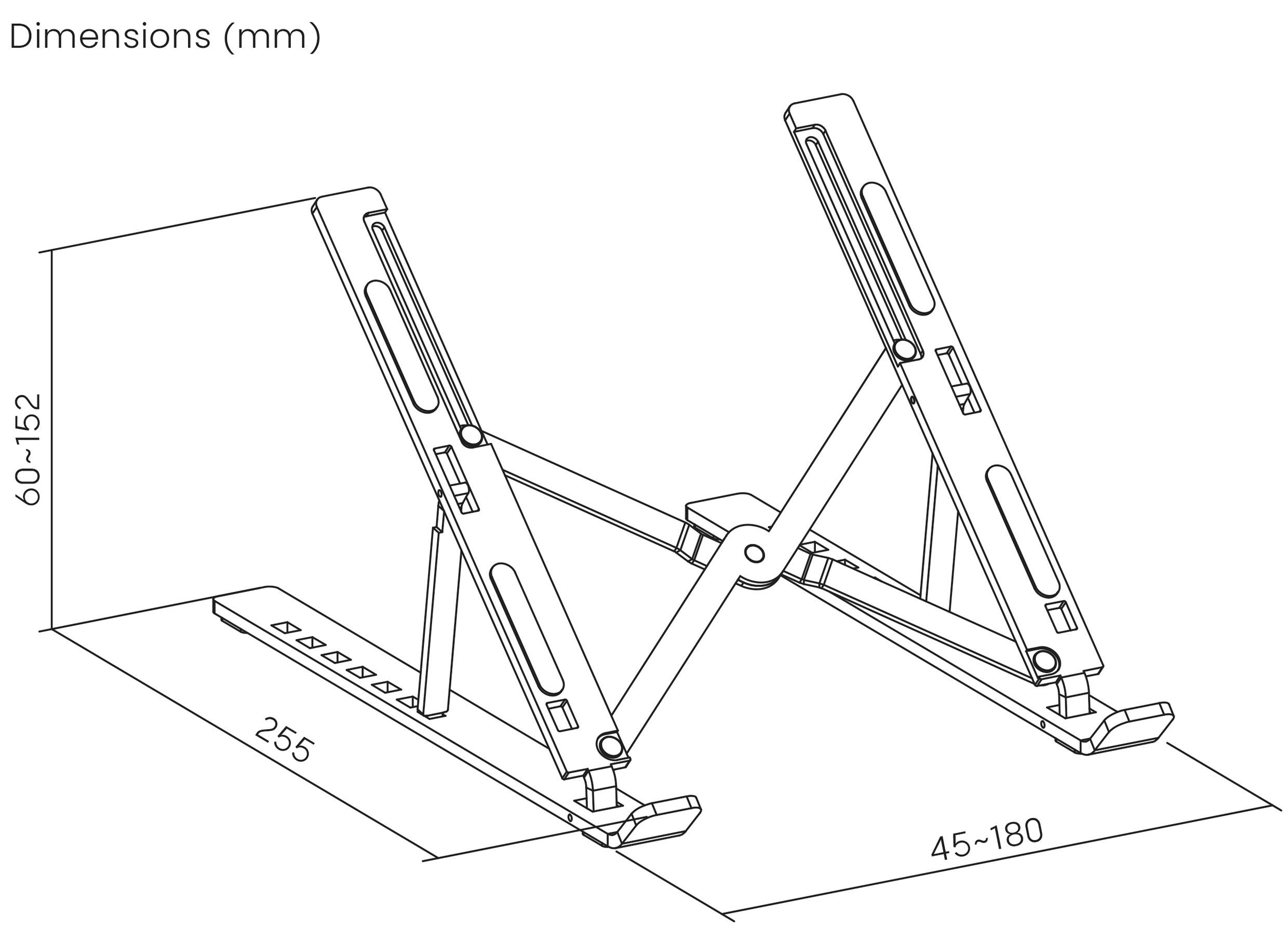 Diagram nastavitelného stojanu s rozměry: výška 60-152 mm, šířka 255 mm, hloubka 45-180 mm.