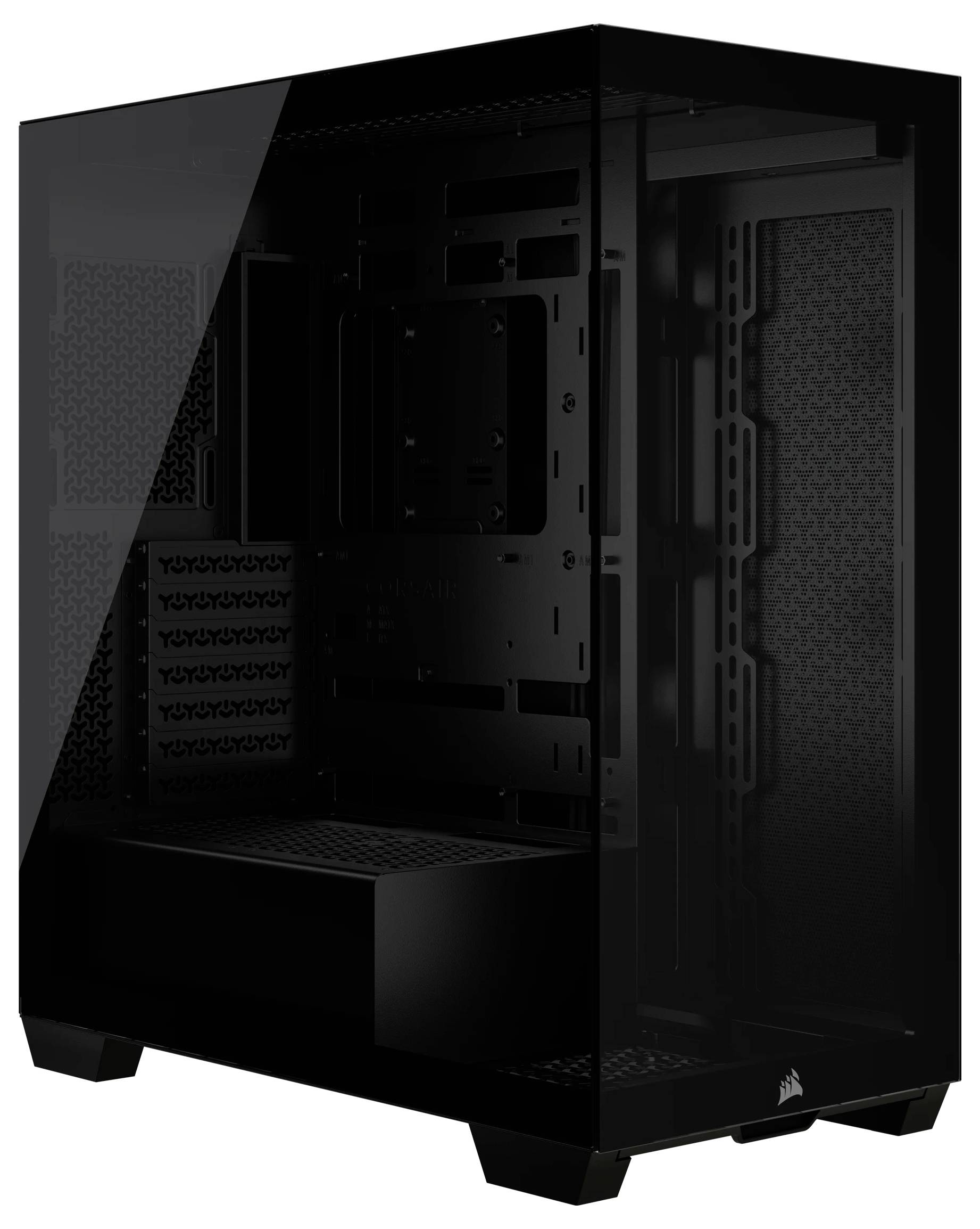 Černá počítačová skříň s průhledným bočním panelem. Vnitřní struktura viditelná, připravená pro instalaci hardwaru. Minimalistický design.