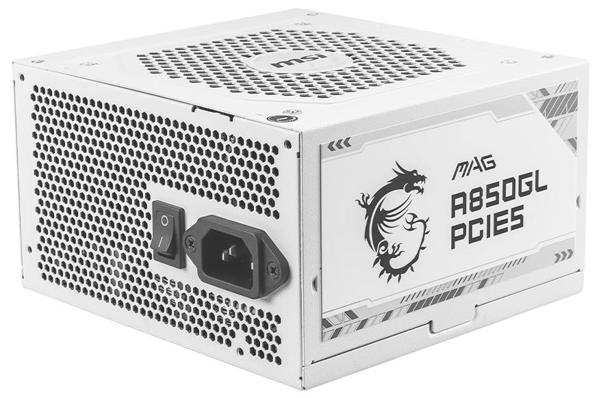 Bílá jednotka napájecího zdroje s potiskem 'MAG A850GL PCIE5' a logem draka.