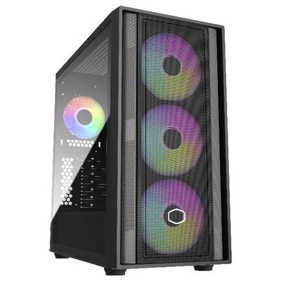 Černá počítačová skříň s průhlednou boční stranou a čtyřmi svítícími RGB ventilátory vpředu a vzadu.