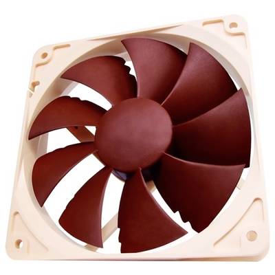 Počítačový ventilátor s devíti červenými lopatkami a béžovým rámečkem.