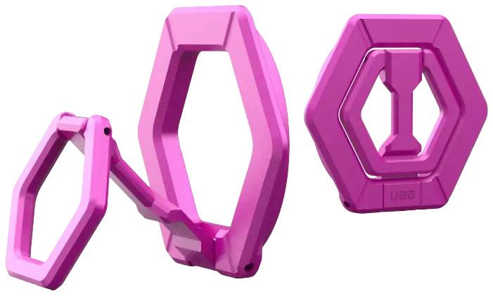 Dva růžové šestihranné fitness přístroje, jeden otevřený a druhý zavřený, ukazují svou flexibilní spojitost a moderní design.
