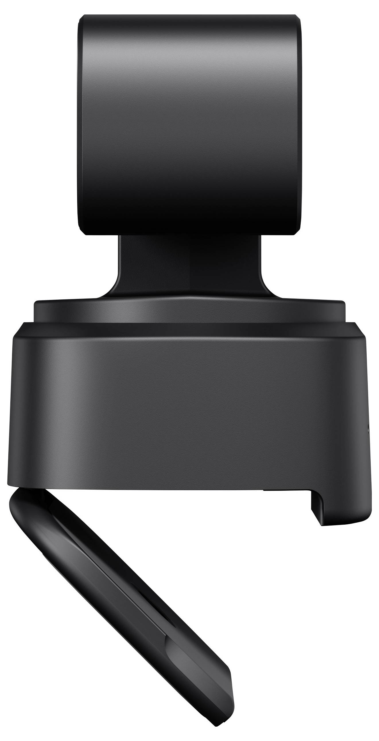 Černošedá webová kamera s otočnou hlavou. Má moderní, minimalistický design, který lze namontovat na stůl nebo monitor.